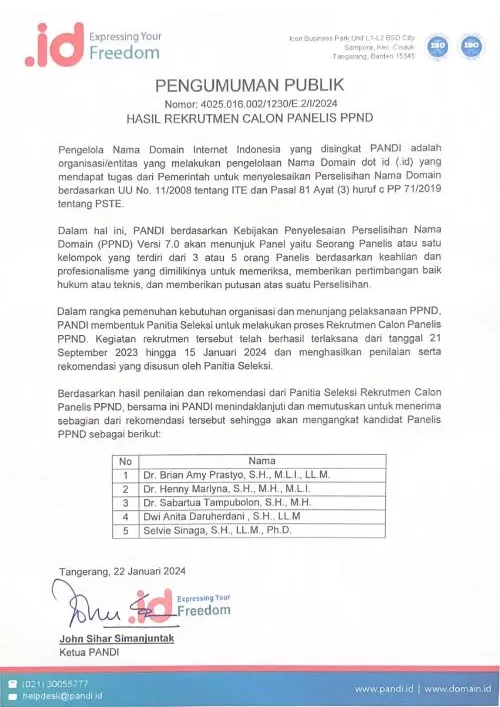 Pengumuman Hasil Rekrutmen Calon Panelis PPND