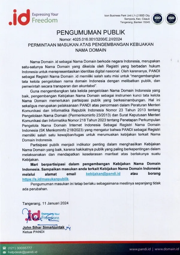 Permintaan Masukan Atas Pengembangan Kebijakan Nama Domain
